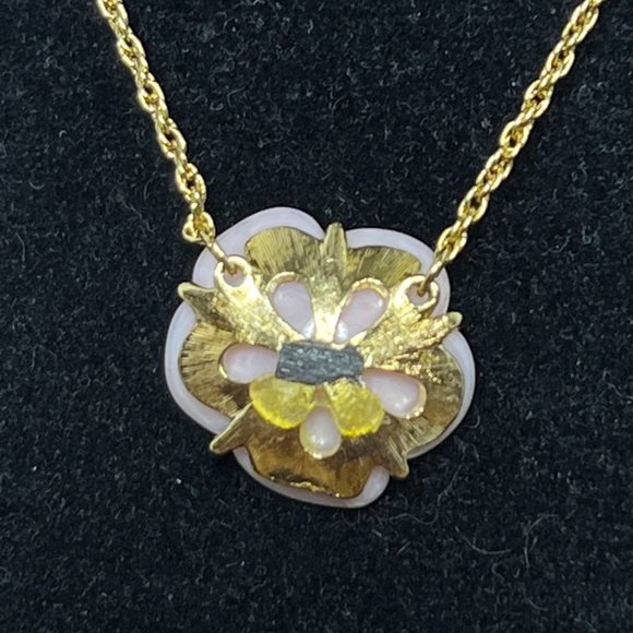 Gold Tone Rope Chain 15" Necklace With Pink Flower (4299) - Picture 3 of 6